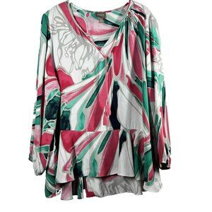 Chico's Womens Top Large Bohemian Tassels Colorful Ruffle 3/4 Sleeve V Neck Boho